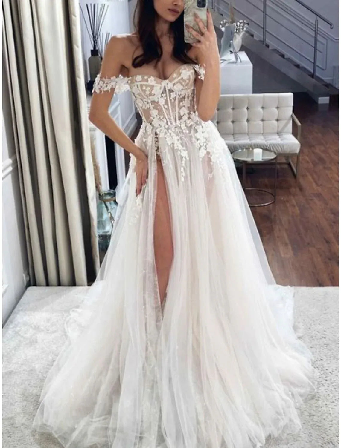 A-Line Sweetheart Tulle Lace-Up Back High Slit Wedding Dress - Yihuiw by Yihuiw