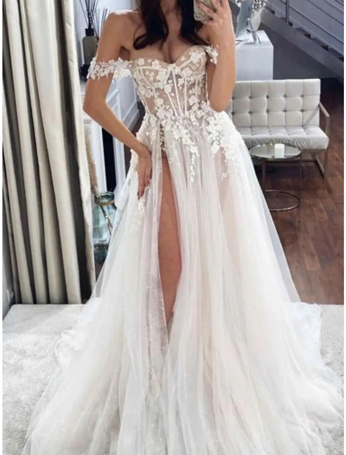 A-Line Sweetheart Tulle Lace-Up Back High Slit Wedding Dress - Yihuiw by Yihuiw