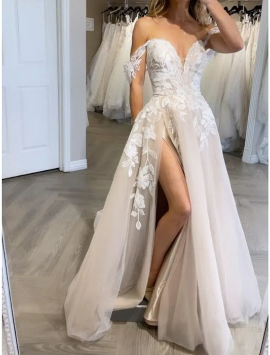 Champagne A-Line Sweetheart Tulle High Slit Wedding Dress - Yihuiw by Yihuiw