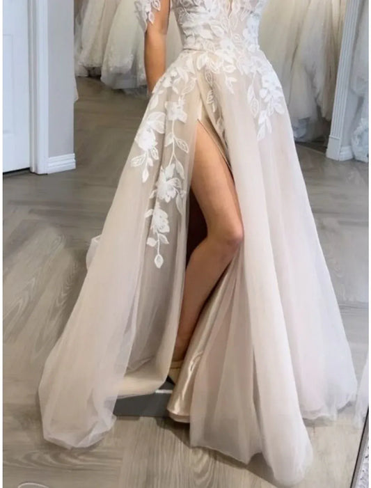 Champagne A-Line Sweetheart Tulle High Slit Wedding Dress - Yihuiw by Yihuiw