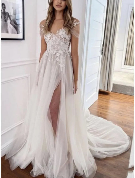 A-Line Tulle Cap Sleeve High Slit Wedding Dress - Yihuiw by Yihuiw