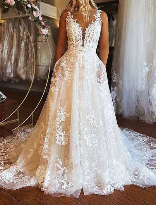 A-Line Spaghetti Strap Tulle Open Back Train Wedding Dress - Yihuiw by Yihuiw