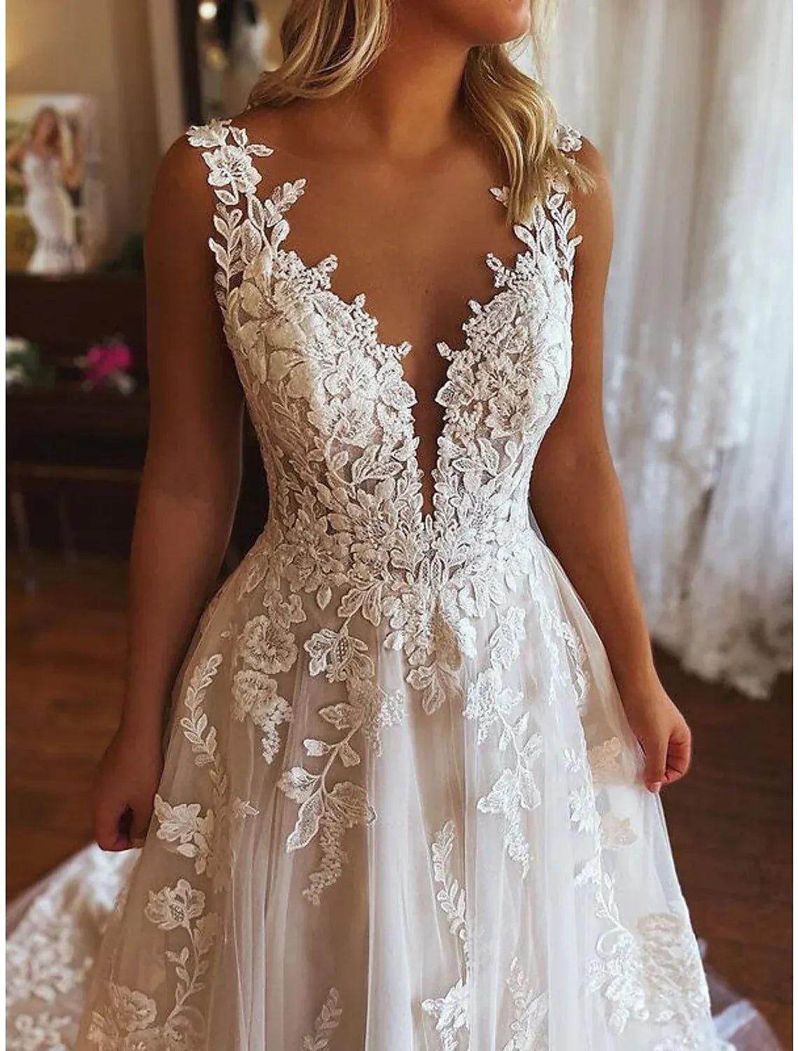 A-Line Spaghetti Strap Tulle Open Back Train Wedding Dress - Yihuiw by Yihuiw