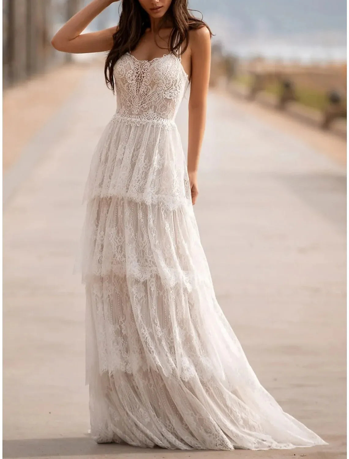 A-Line V-Neck Lace Ruffled Wedding Dress - Yihuiw by Yihuiw