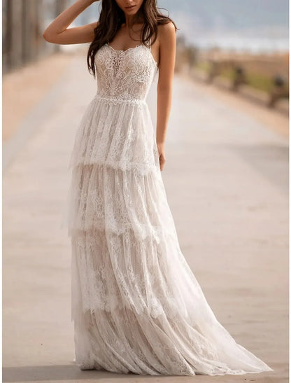 A-Line V-Neck Lace Ruffled Wedding Dress - Yihuiw by Yihuiw