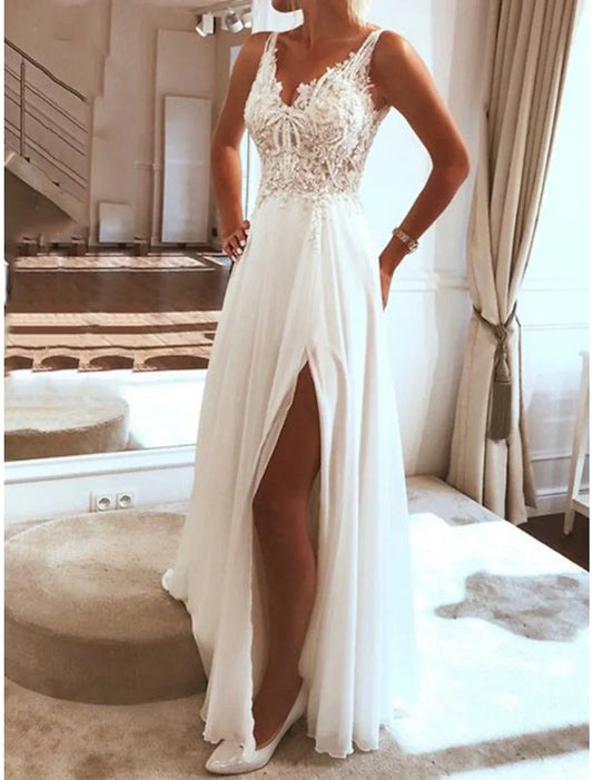 A-Line V-Neck Chiffon High Slit Wedding Dress - Yihuiw by Yihuiw