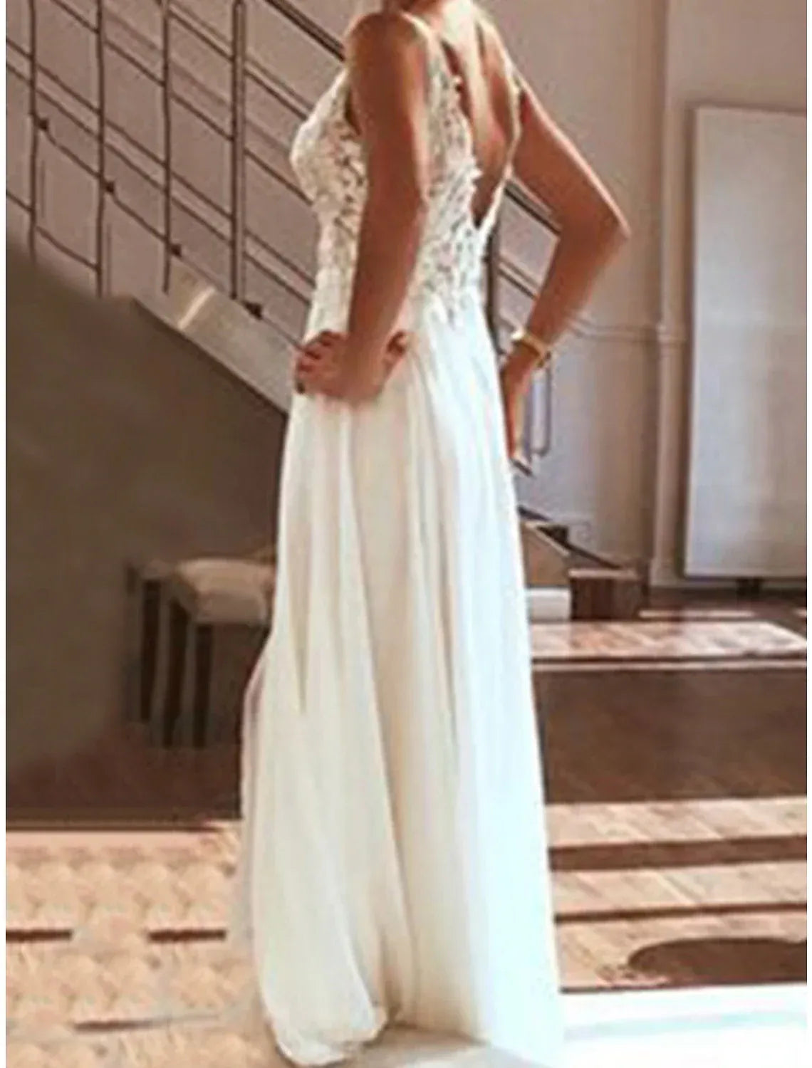 A-Line V-Neck Chiffon High Slit Wedding Dress - Yihuiw by Yihuiw