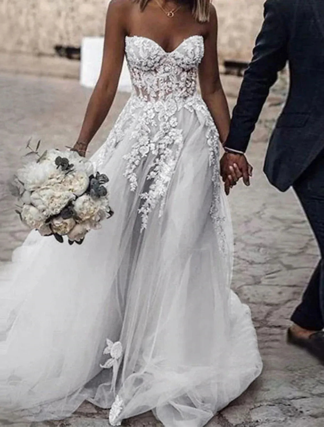 A-Line Sweetheart Tulle Train Wedding Dress - Yihuiw by Yihuiw