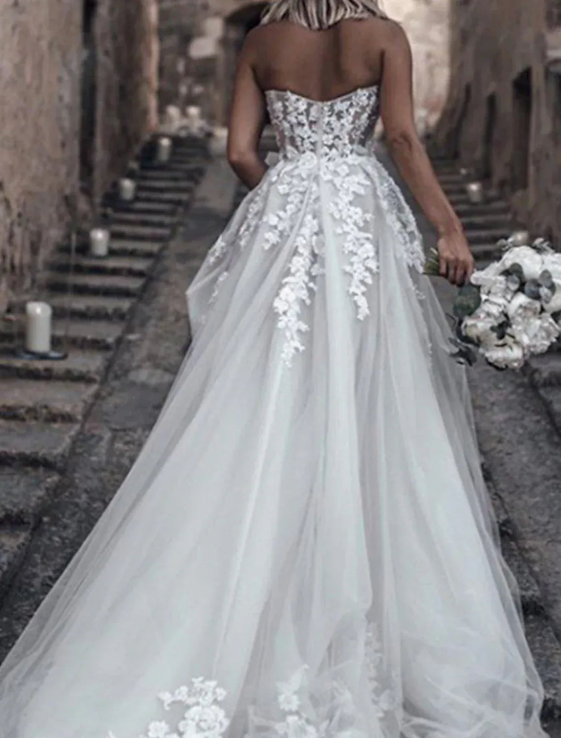 A-Line Sweetheart Tulle Train Wedding Dress - Yihuiw by Yihuiw