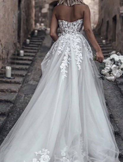 A-Line Sweetheart Tulle Train Wedding Dress - Yihuiw by Yihuiw