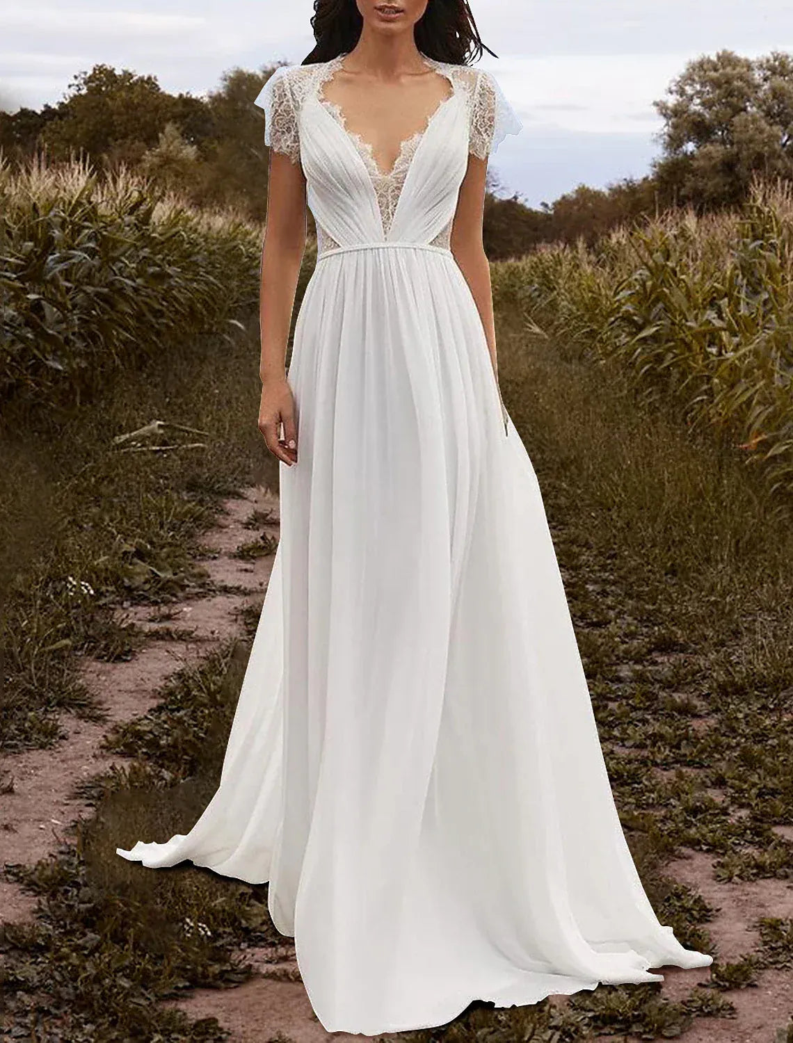 A-Line V-Neck Lace Cap Sleeve Train Wedding Dress - Yihuiw by Yihuiw