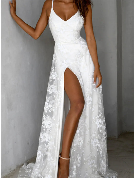 Spaghetti Strap Lace High Slit Floor-Length Wedding Dress - Yihuiw by Yihuiw