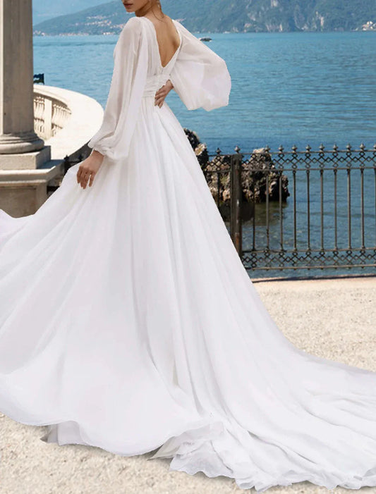A-Line Chiffon Long Sleeve High Slit Wedding Dress - Yihuiw by Yihuiw
