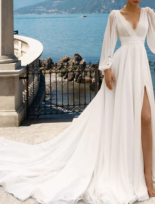 A-Line Chiffon Long Sleeve High Slit Wedding Dress - Yihuiw by Yihuiw