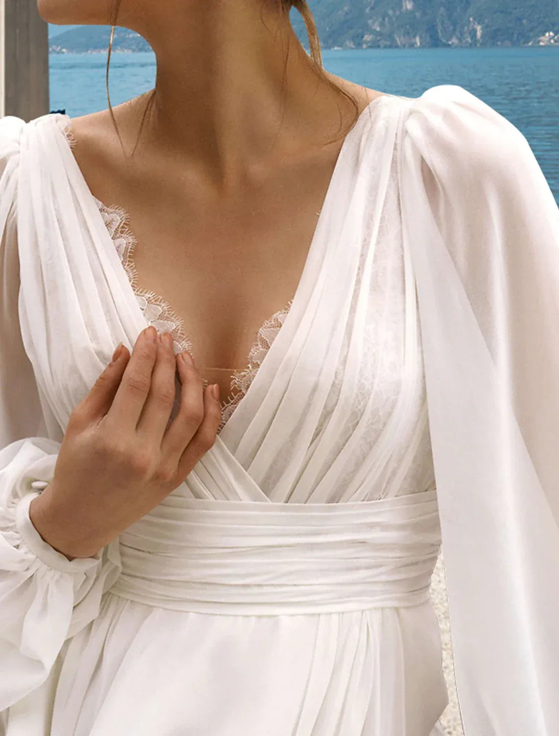 A-Line Chiffon Long Sleeve High Slit Wedding Dress - Yihuiw by Yihuiw