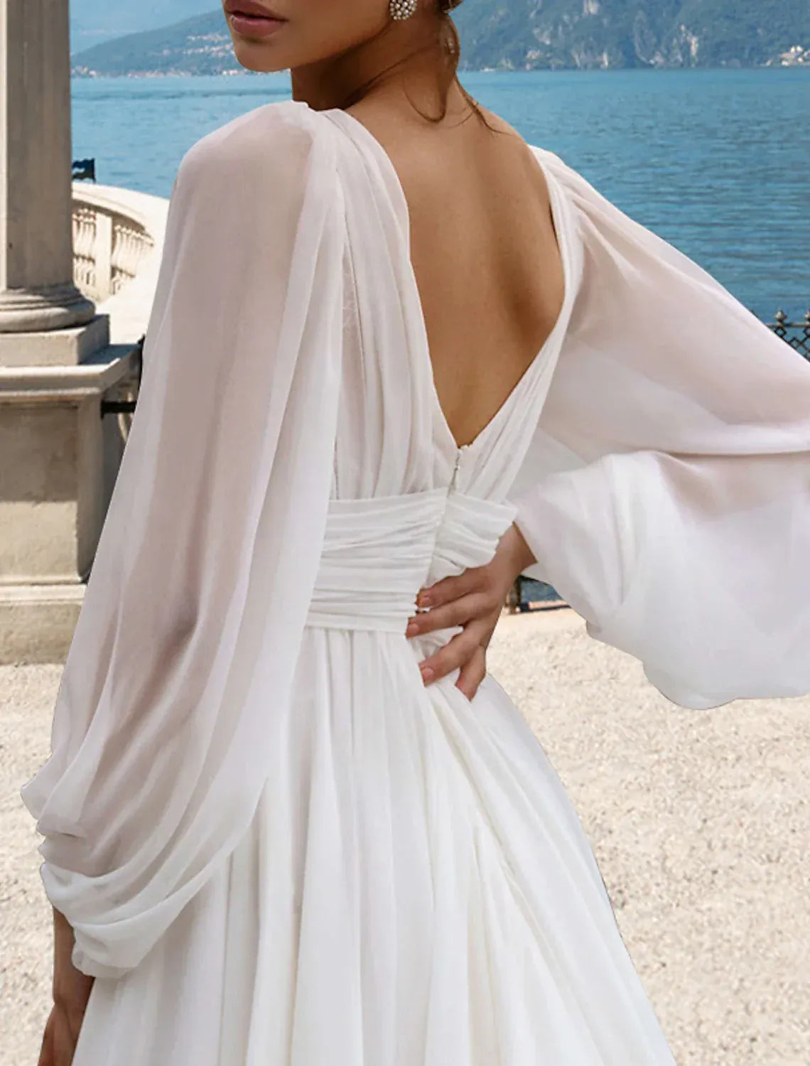 A-Line Chiffon Long Sleeve High Slit Wedding Dress - Yihuiw by Yihuiw