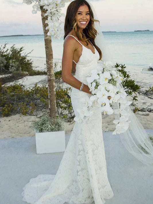 Mermaid Spaghetti Strap Lace Floor-Length Wedding Dress - Yihuiw by Yihuiw