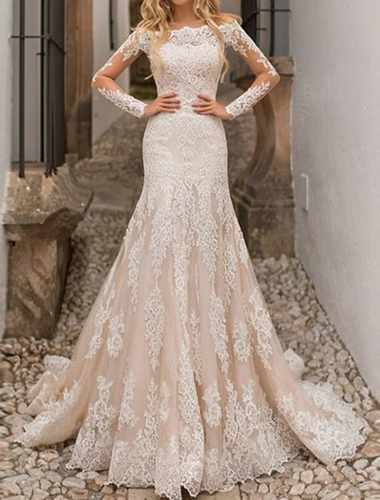 Champagne Mermaid Off-Shoulder Lace Train Wedding Dress - Yihuiw by Yihuiw