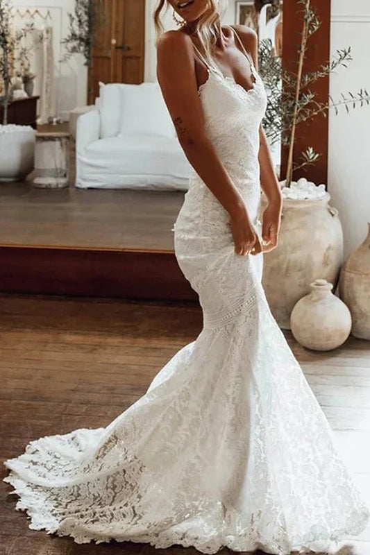 Mermaid Spaghetti Strap Lace Floor-Length Wedding Dress - Yihuiw by Yihuiw