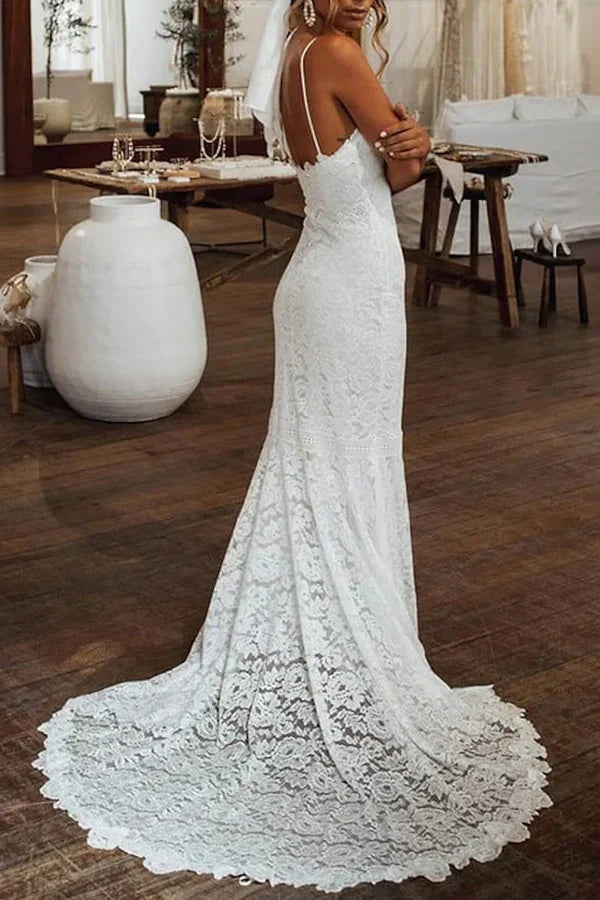 Mermaid Spaghetti Strap Lace Floor-Length Wedding Dress - Yihuiw by Yihuiw