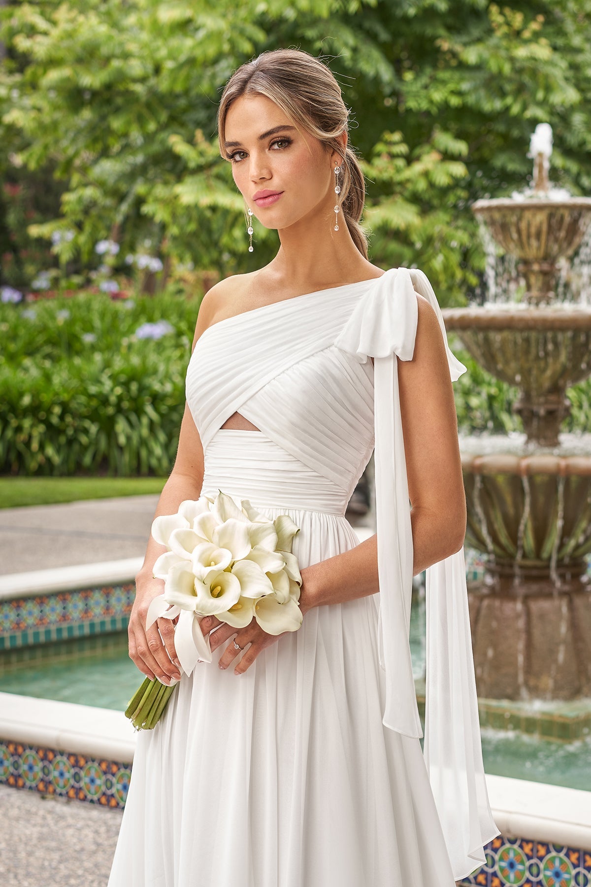 Boho Chiffon A-Line One-Shoulder Ruched-Bodice Cutout-Detail Drape-Train Wedding Dress by YiHuiw