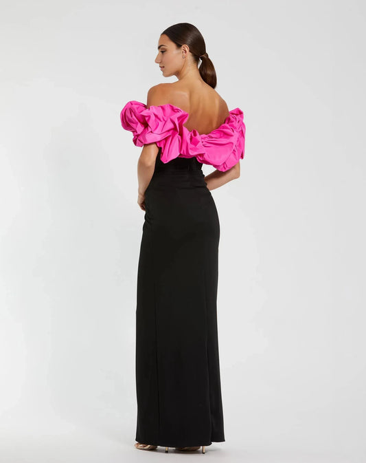 Bold Contrast Mermaid Off Shoulder Ruffle Sleeve Open Back Floor Length Prom Dress by YiHuiw