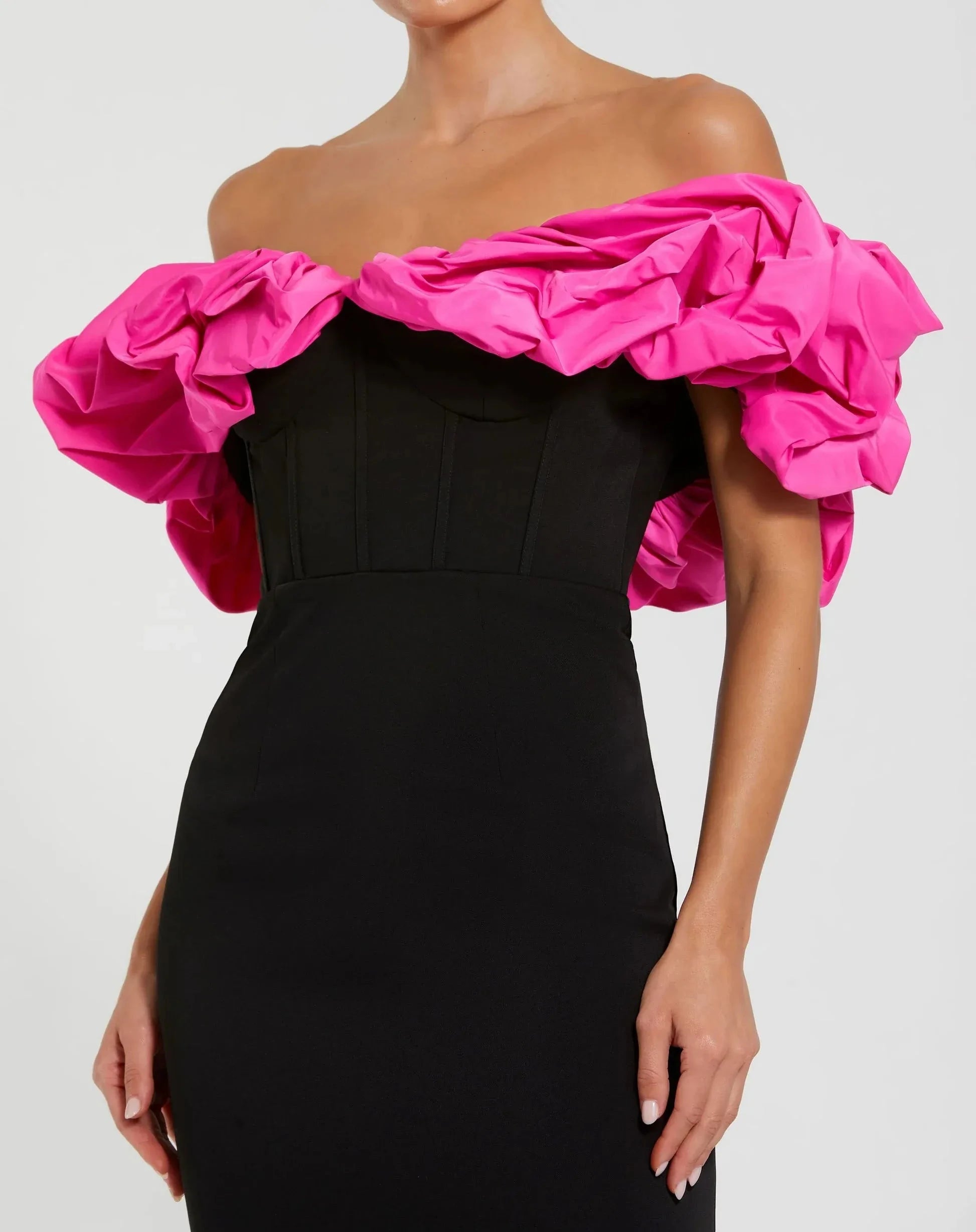 Bold Contrast Mermaid Off Shoulder Ruffle Sleeve Open Back Floor Length Prom Dress by YiHuiw