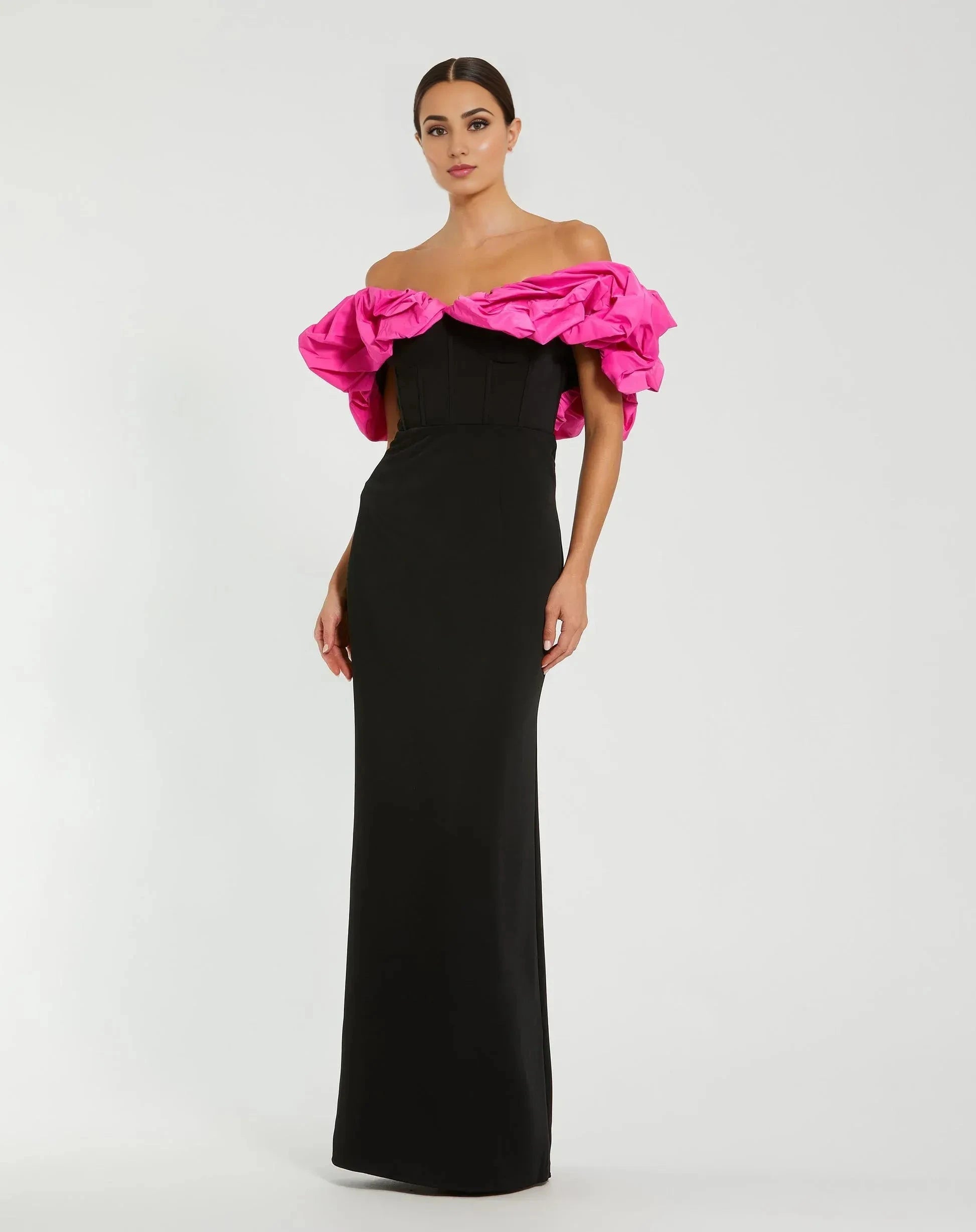 Bold Contrast Mermaid Off Shoulder Ruffle Sleeve Open Back Floor Length Prom Dress by YiHuiw