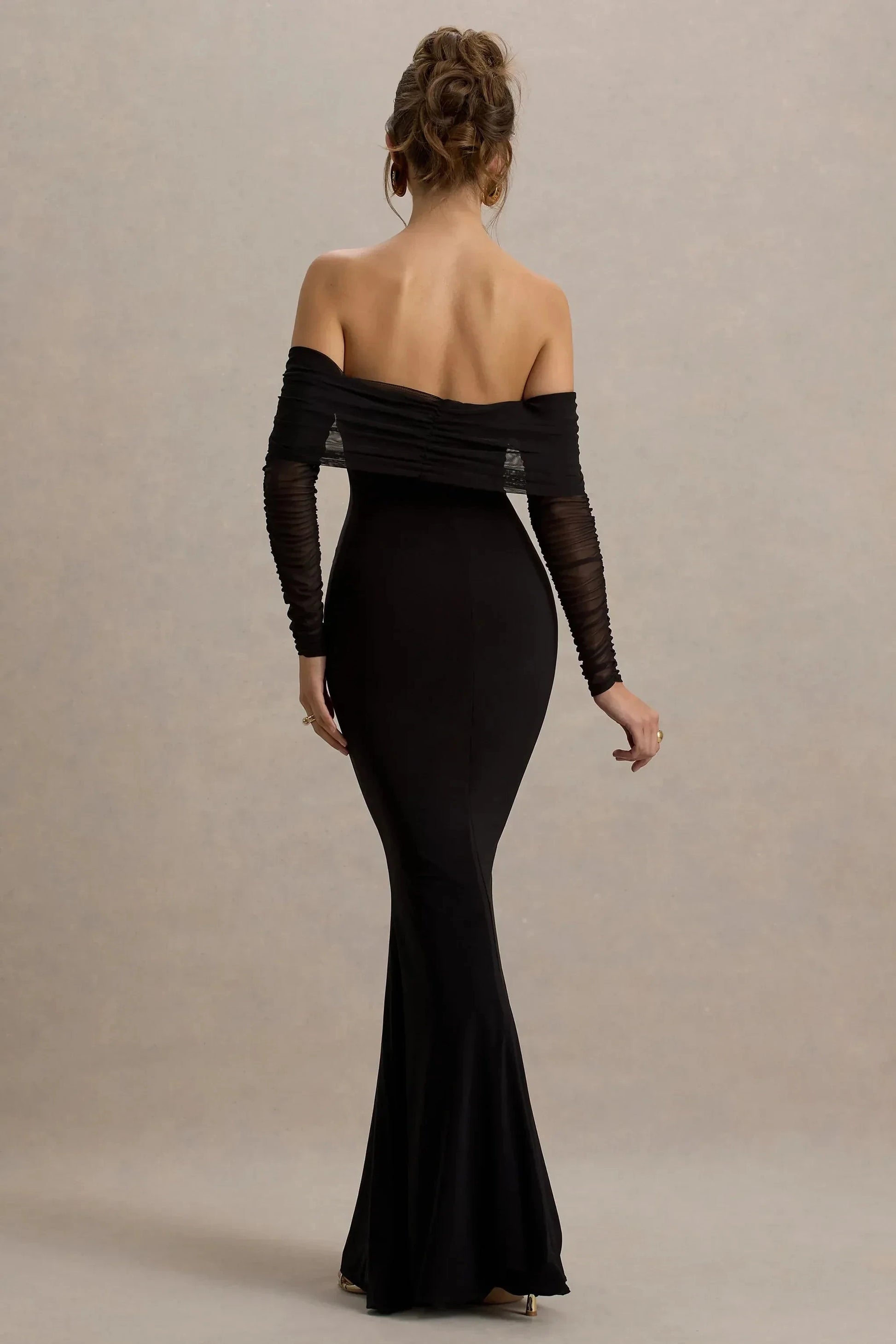 Bold Mermaid Off Shoulder Sheer Long Sleeve Open Back Floor Length Prom Dress by YiHuiw