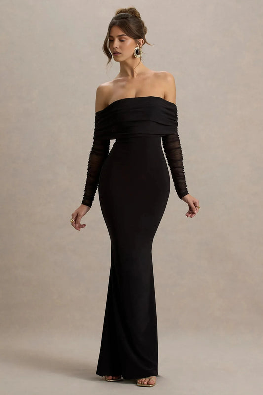 Bold Mermaid Off Shoulder Sheer Long Sleeve Open Back Floor Length Prom Dress by YiHuiw