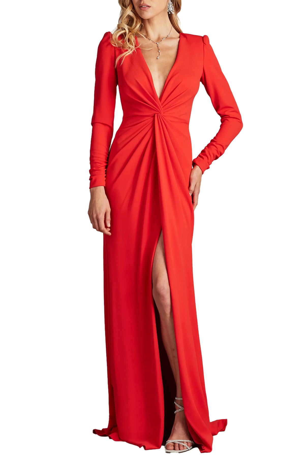 Bold Ruched Plunging V Neck Long Sleeve Zipper Back Floor Length Hot Sale Evening Dress by YiHuiw