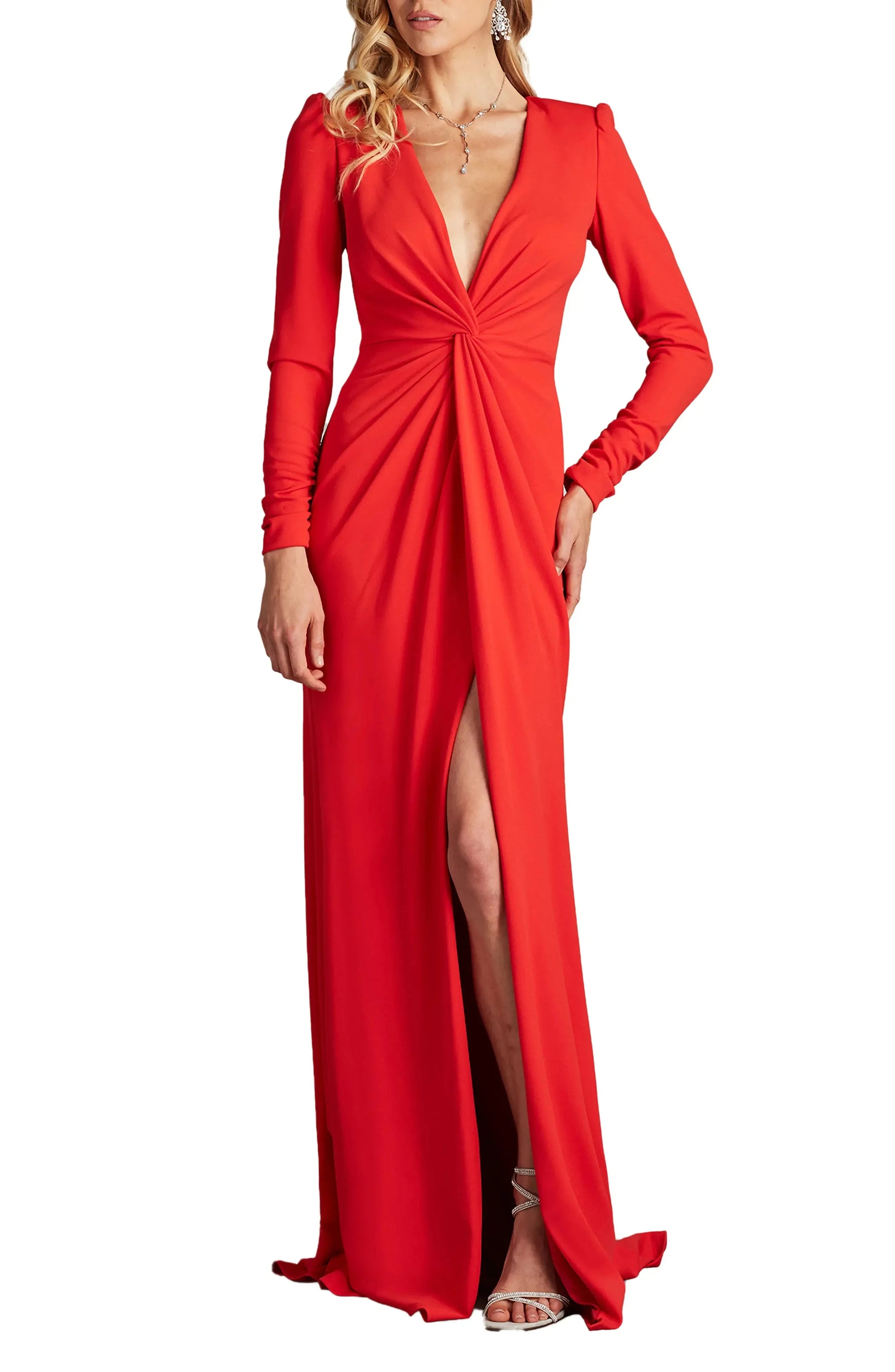 Bold Ruched Plunging V Neck Long Sleeve Zipper Back Floor Length Hot Sale Evening Dress by YiHuiw