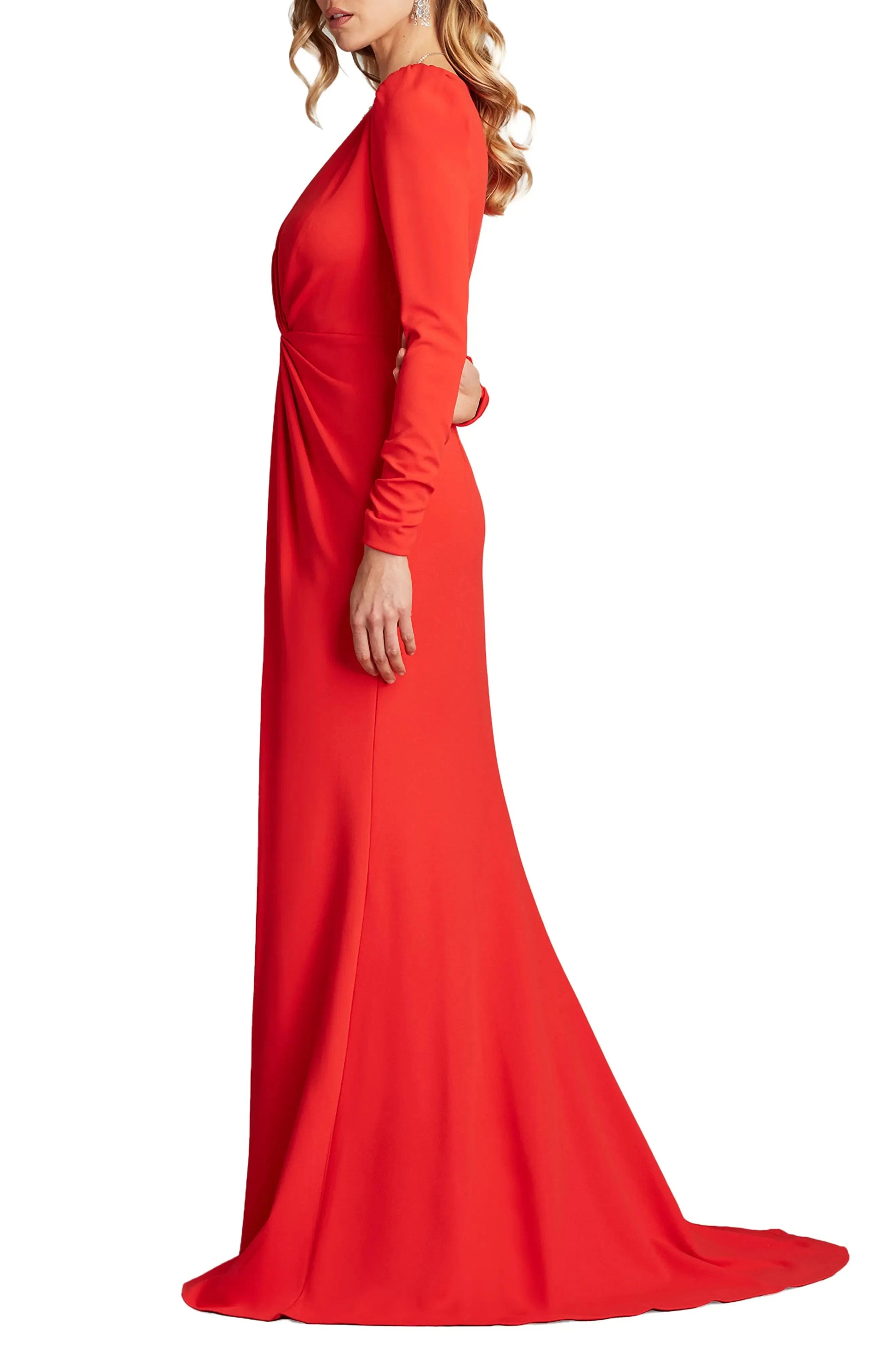 Bold Ruched Plunging V Neck Long Sleeve Zipper Back Floor Length Hot Sale Evening Dress by YiHuiw