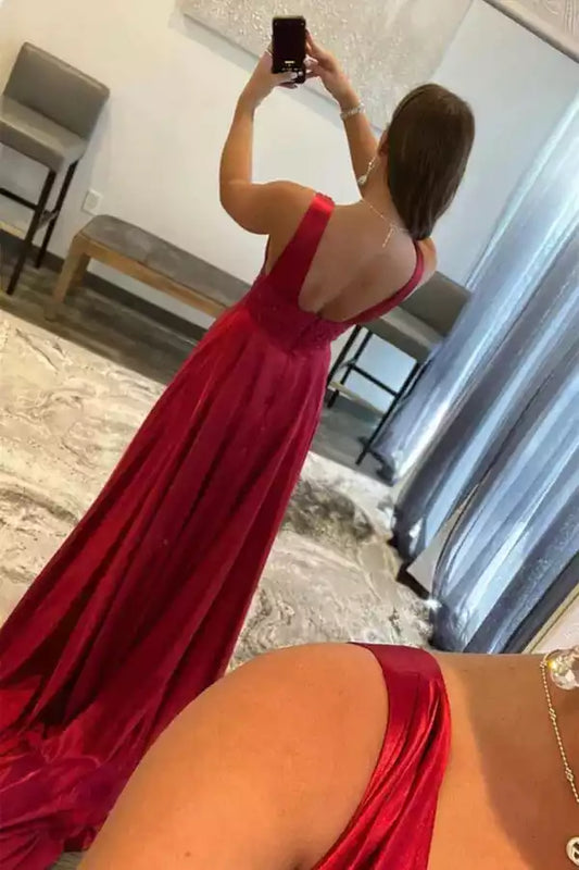 Bold Burgundy Satin A-Line Prom Dress with Lace Bodice & High Slit