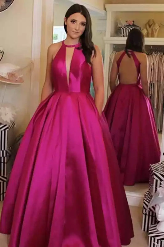 Bold Fuchsia Satin Ball Dress with Halter Keyhole Neck & Open Back