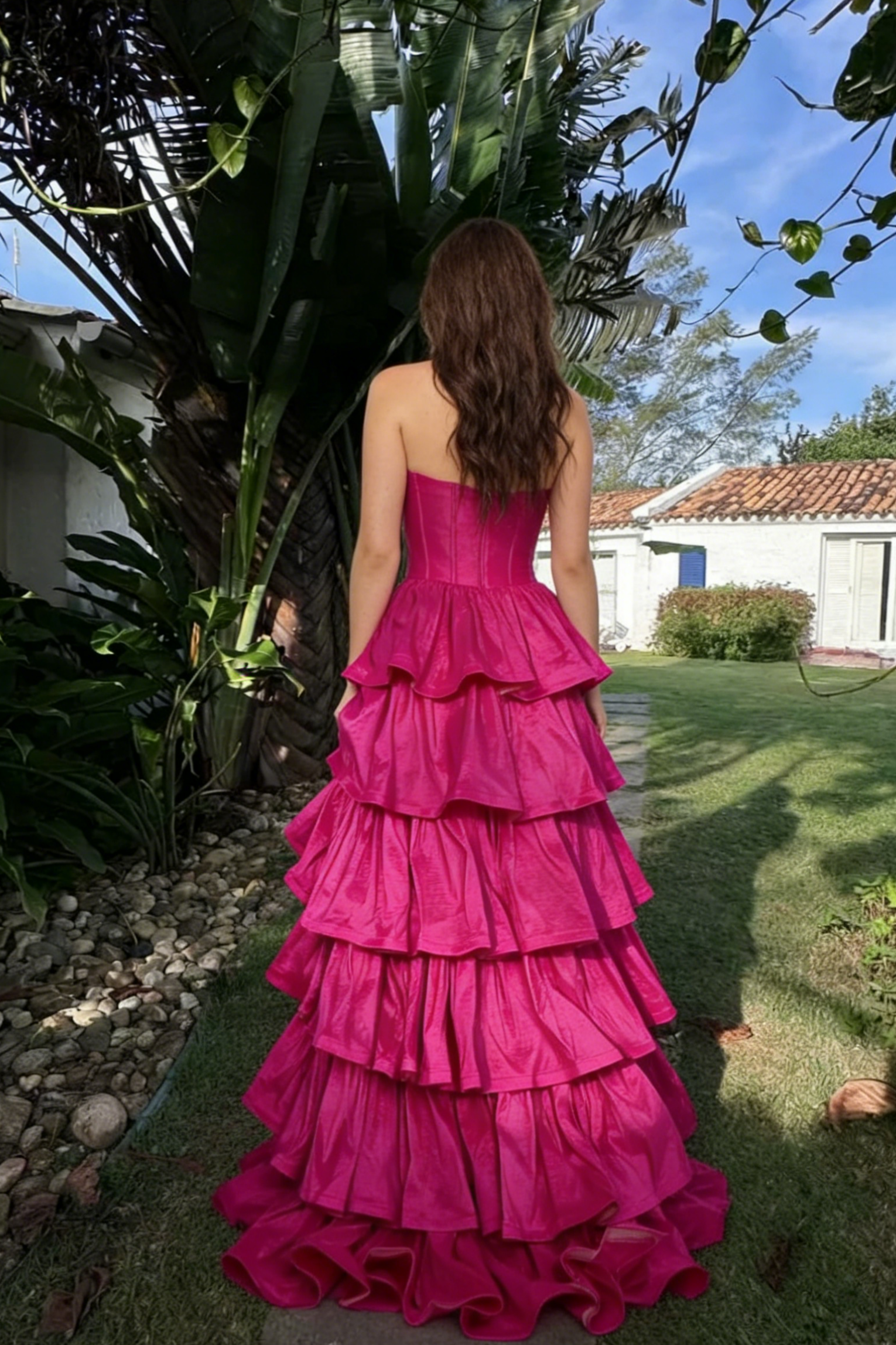 Bold Fuchsia Strapless Prom Dress with Corset Bodice and Tiered Ruffle Skirt by JiMiss Dresses
