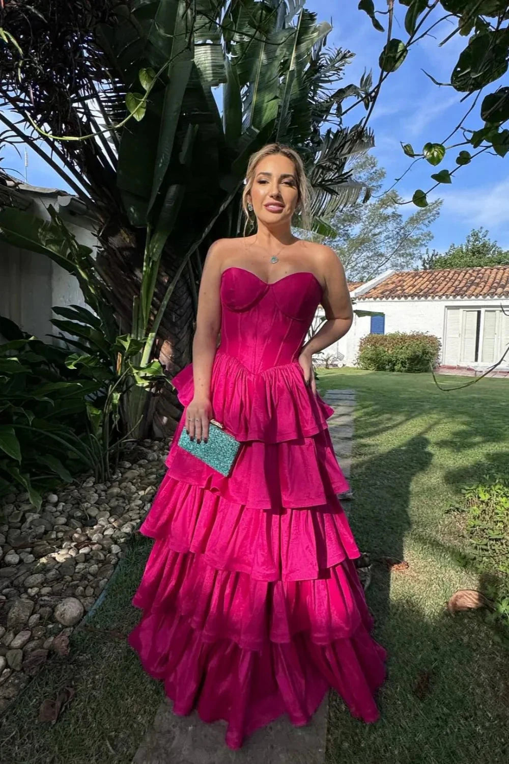 Bold Fuchsia Strapless Prom Dress with Corset Bodice and Tiered Ruffle Skirt by JiMiss Dresses