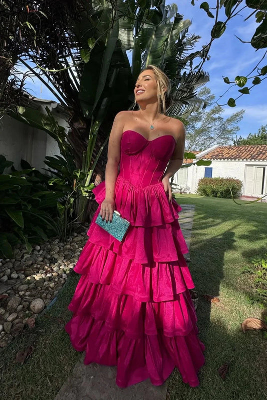 Bold Fuchsia Strapless Prom Dress with Corset Bodice and Tiered Ruffle Skirt by JiMiss Dresses
