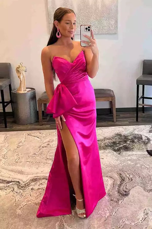 Bold Hot Pink Satin Mermaid Dress with Strapless Sweetheart Neck & Oversized Bow