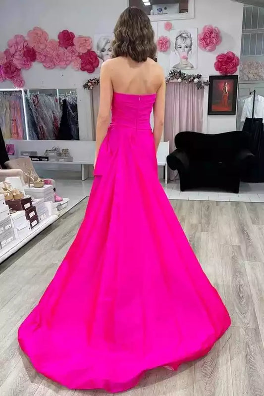Bold Hot Pink Taffeta A-Line Dress with Strapless Neck & Oversized Bow