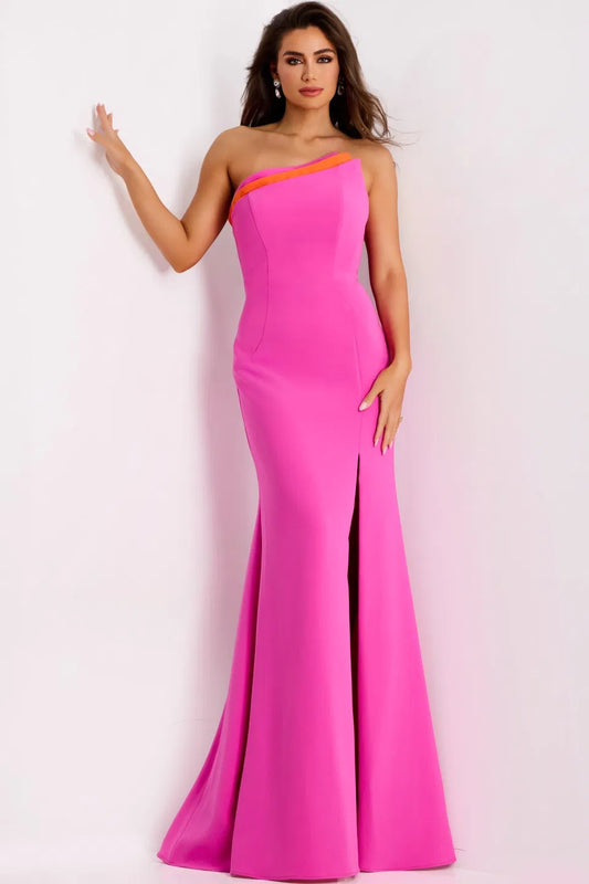 Bold One-Shoulder Evening Dress with Contrast Trim, Side Slit and Mermaid Train