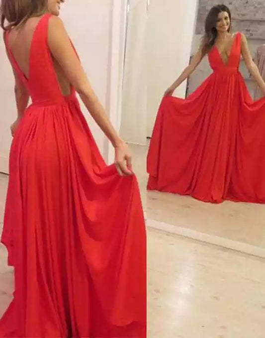 Bold Red Chiffon A-Line Dress with Plunge V-Neck & Open Back