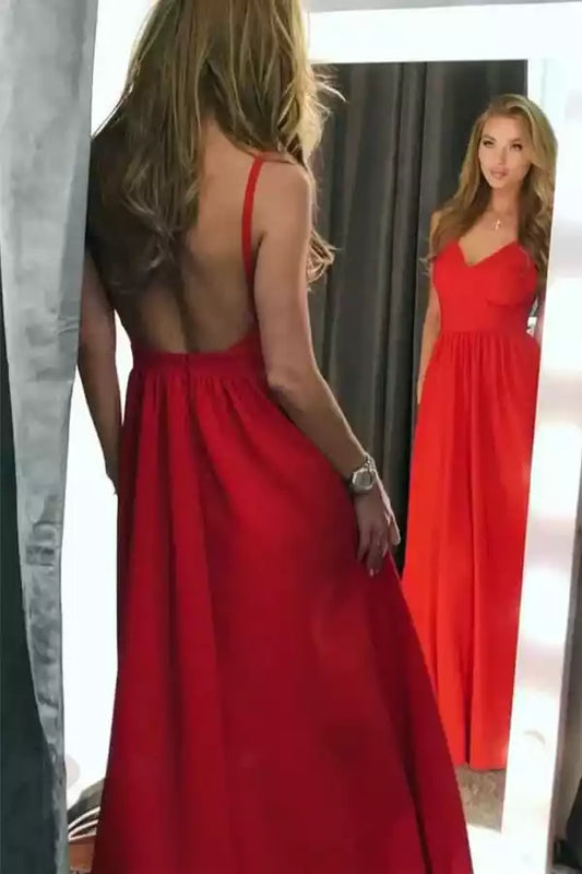 Bold Red Chiffon A-Line Dress with Plunge V-Neck & Open Back