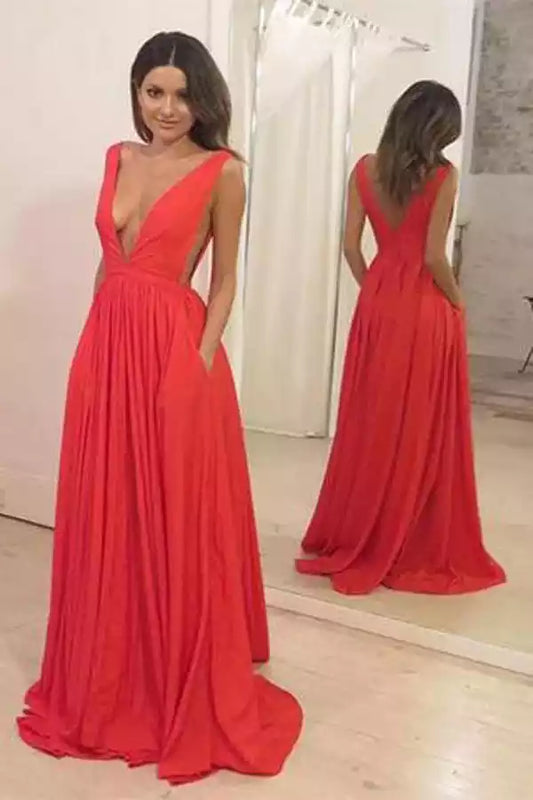 Bold Red Chiffon A-Line Dress with Plunge V-Neck & Open Back