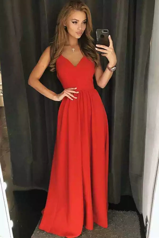 Bold Red Chiffon A-Line Dress with Plunge V-Neck & Open Back