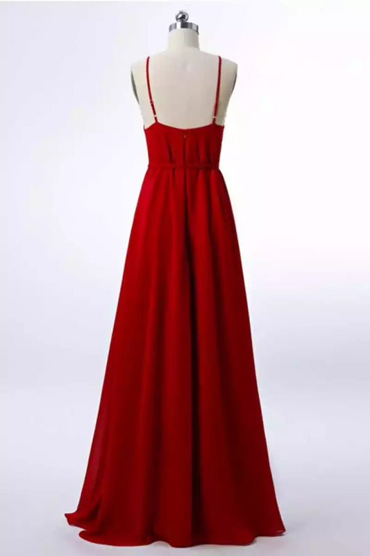 Bold Red Chiffon Halter A-Line Dress with High Slit & Self-Tie Waist