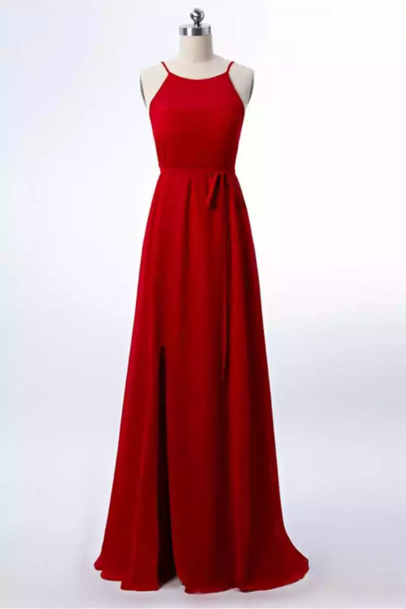 Robe trapèze licou en mousseline rouge vif avec fente haute et taille à nouer