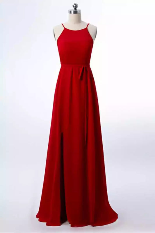 Bold Red Chiffon Halter A-Line Dress with High Slit & Self-Tie Waist