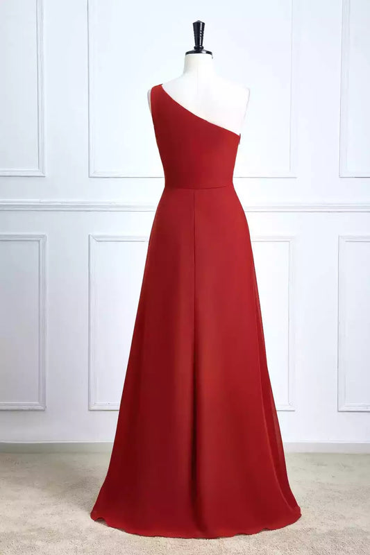 Bold Red Chiffon One-Shoulder A-Line Dress with High Slit