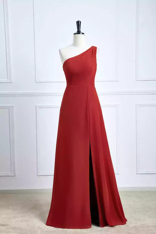 Bold Red Chiffon One-Shoulder A-Line Dress with High Slit